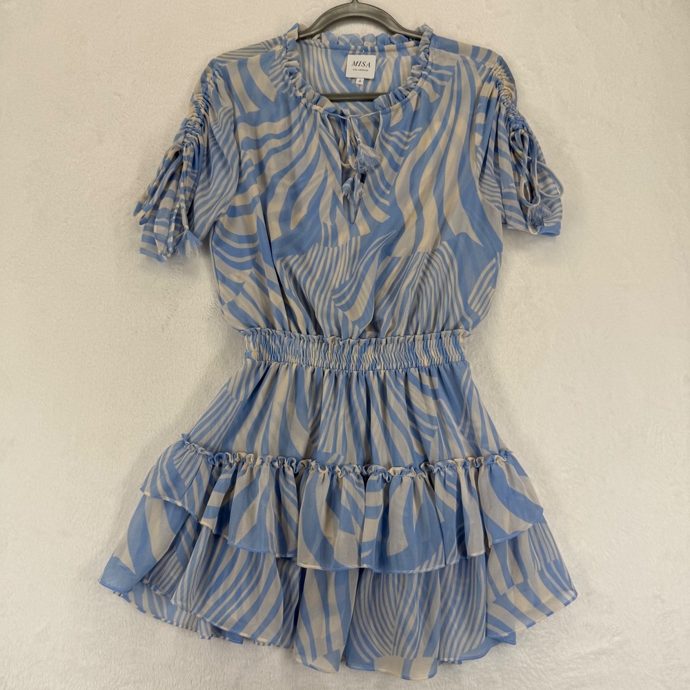 MISA Los Angeles Becca Dress Short Sleeve Blue Beige Zebra Print S READ‎